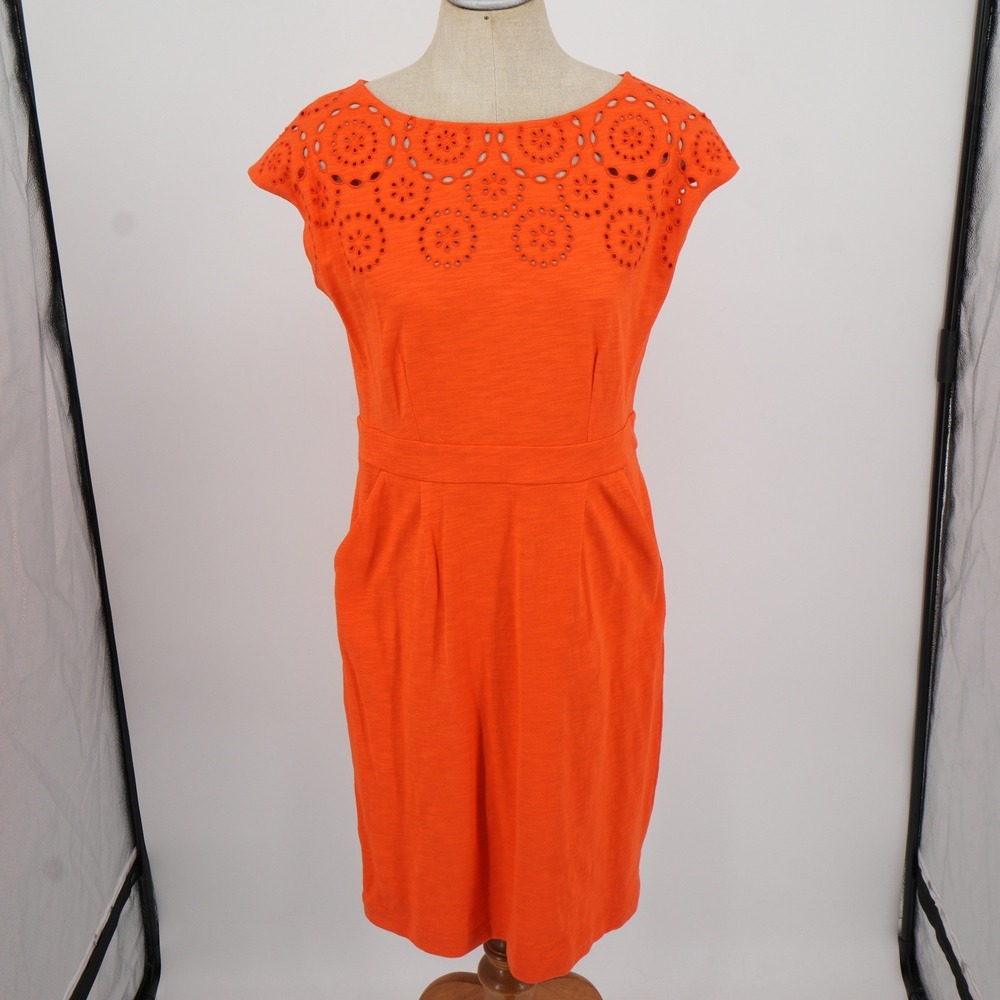 Boden Florrie‎ Broderie Dress Mandarin Orange 8R Eyelet Boat Neck Cap Sleeve